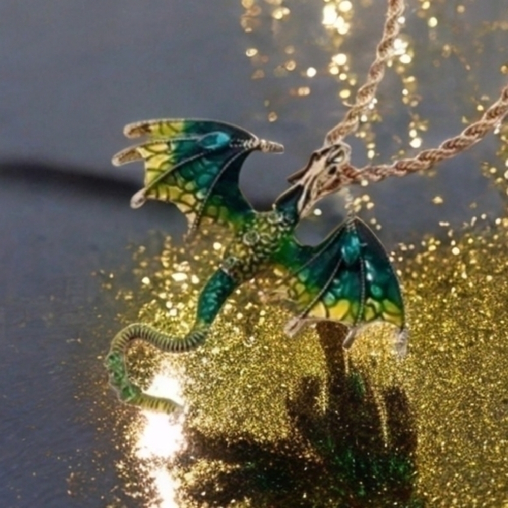 Betsey Johnson Green and Yellow Dragon Pendant Necklace
